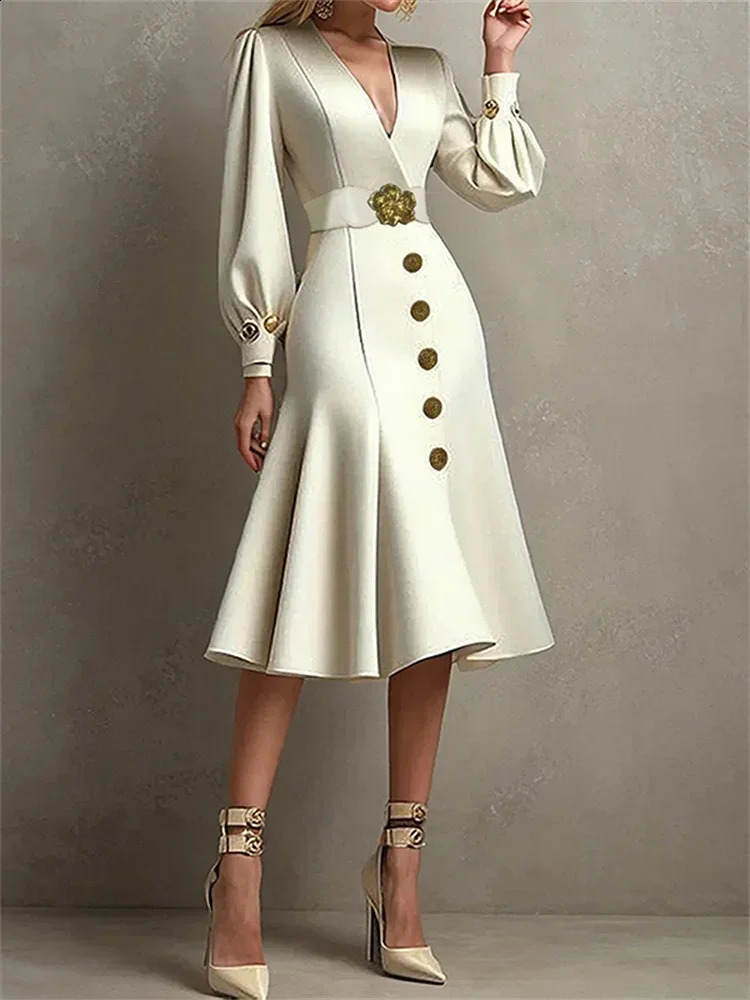 Women's Elegant Puff Sleeve V-Neck Midi Dress For Autumn Party
