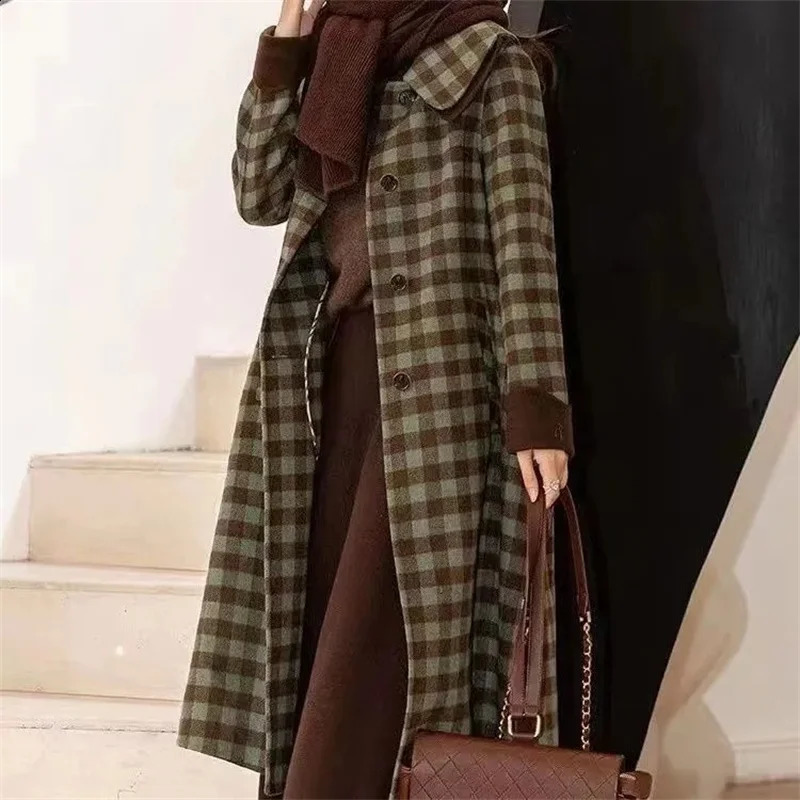 Woolen Coat Womens Autumn and Winter Suit Coat Medium length Loose and Slim Plaid Pattern Woolen Top Plaid 240822