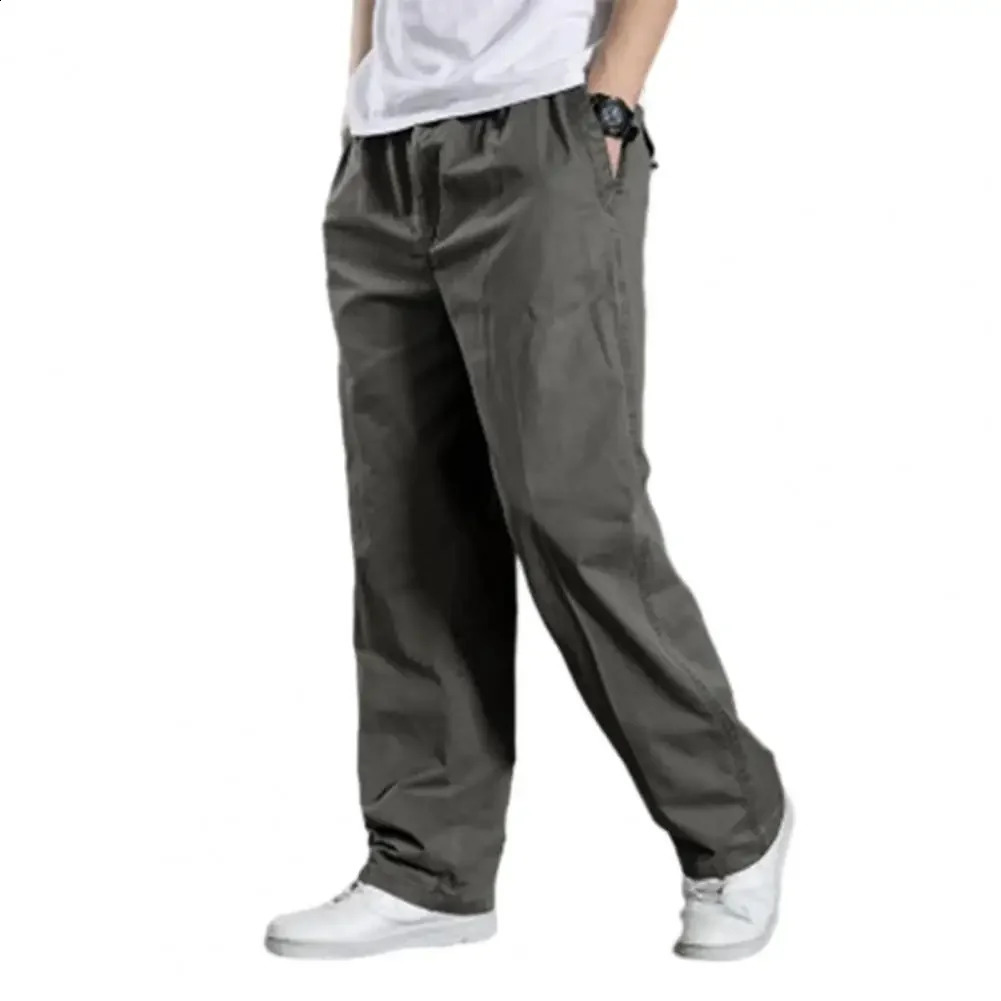 Men Cargo Pants Spring Fall Elastic Waist Drawstring Casual Pants Loose Large Pocket Male Straight Wide Leg Trousers 240822