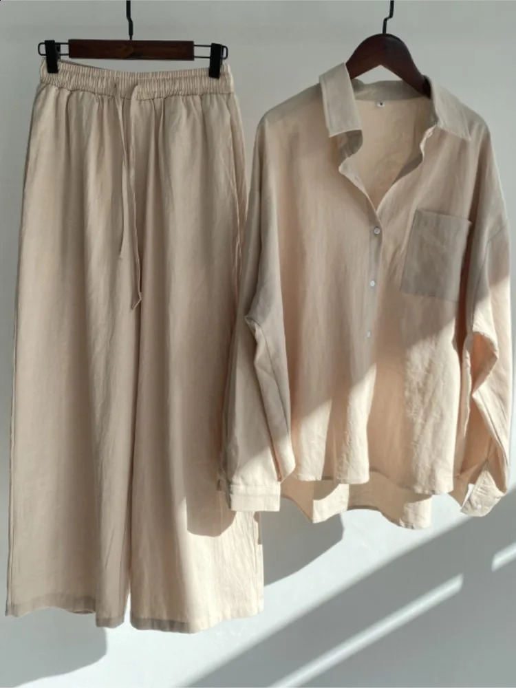 Spring Autumn Women Two Piece 2024 Casual Long Sleeve Shirt Women Suit Fashion Button Casual Female Wide Leg Pants 2 Piece Sets 240823