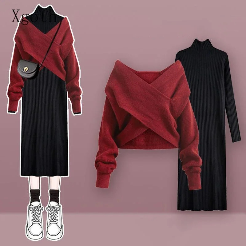 Solid V-neck Sweater Dress Women Autumn Suit Women Korean Fashion Red Sweater Mid-length Knitted Skirt Two-piece Set 240823