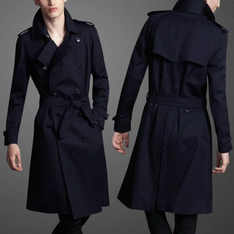 Double Breasted Classic Extended Mens Windbreaker Coat Belt British Style Windcheater Brown Business Casual X-long Jacket Men 240822