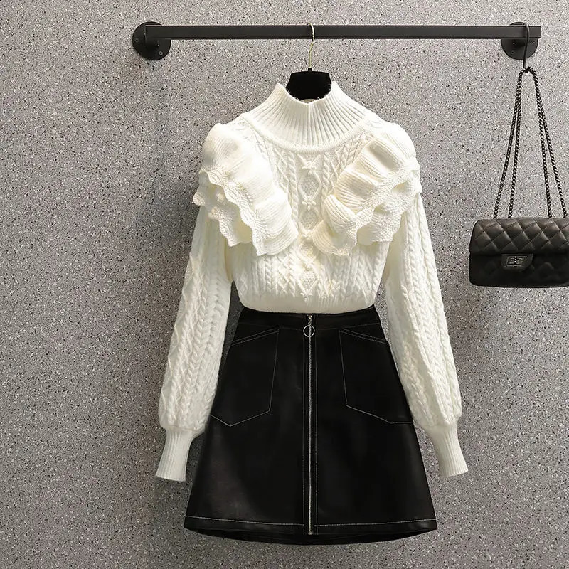Spring and Autumn Womens Suit Korean Version Fashionable Slim Ruffle Sweater High Waist Skirt Two-piece Set 240823