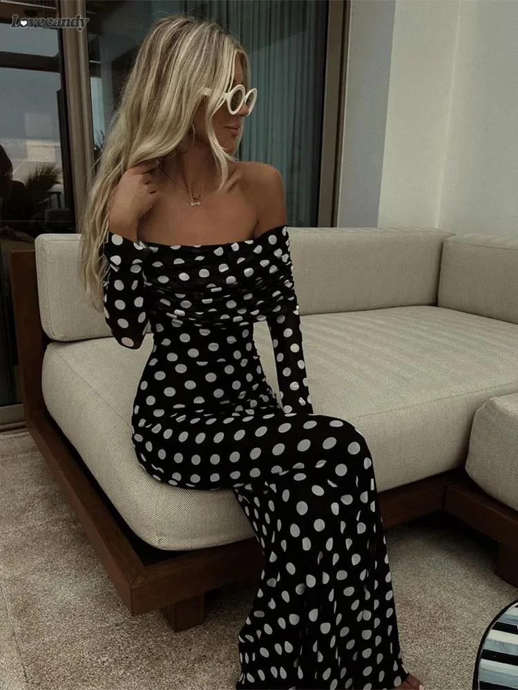 Sexy Polka Dots Print Dress Off Shoulder Patchwork Maxi Dress for Women Slim Fit Long Sleeves A-line Vestidos Lady Elegant Robe 240823