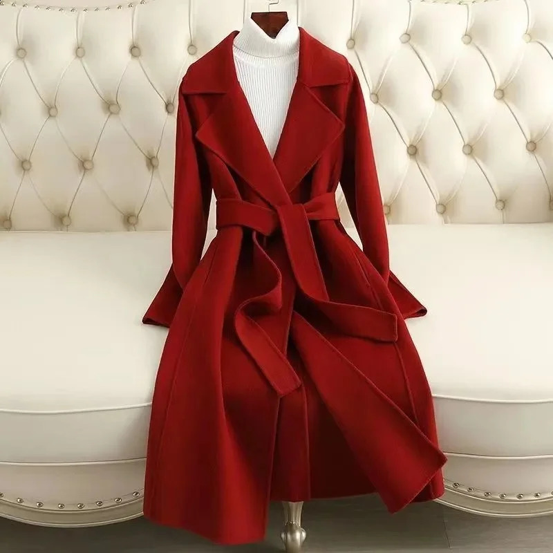 Simplicity Versatility Communicating Slim Fit Handmade 100 Wool Coat for Women Medium length Hepburn Style 240823