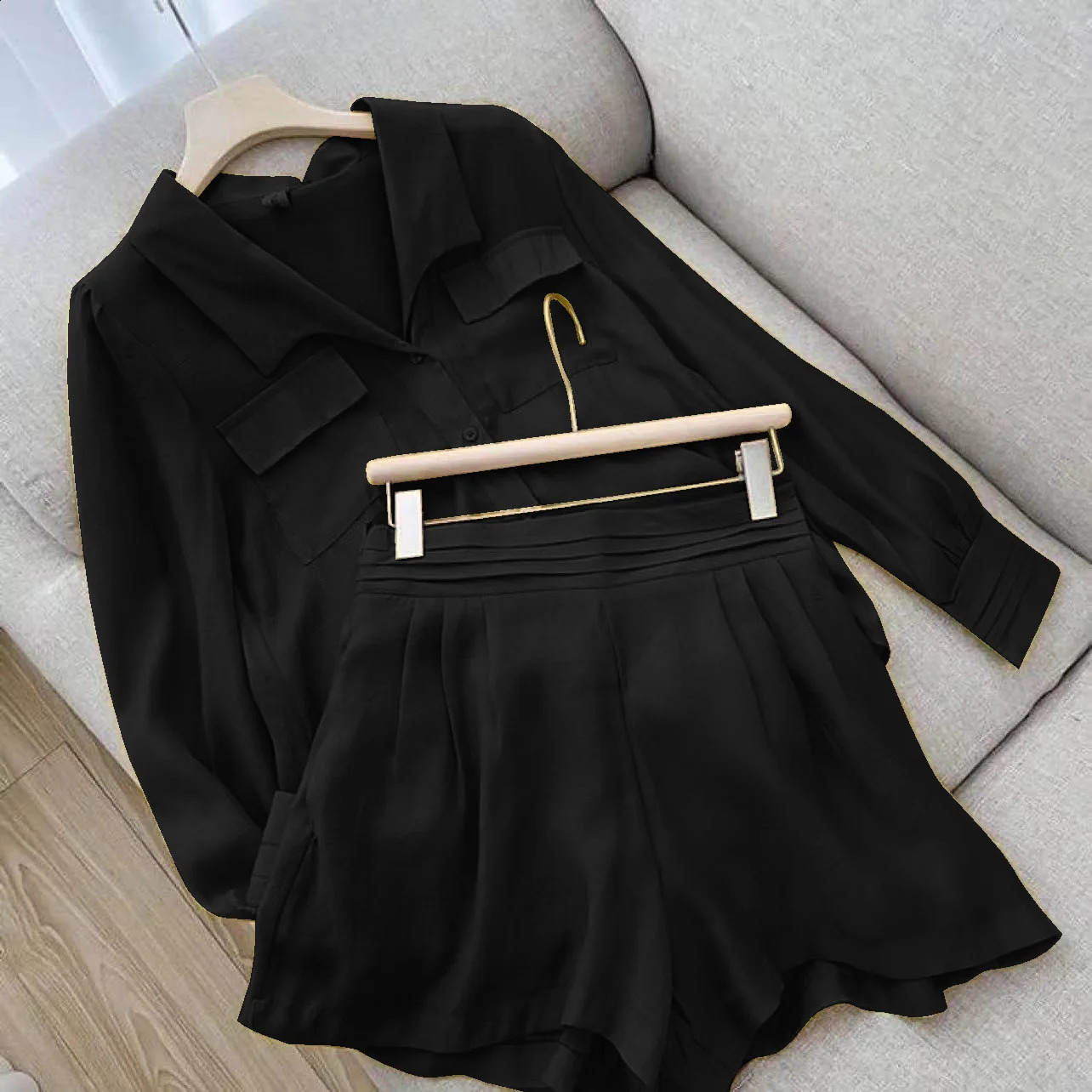 Style Sports Rest Fashion Loose Single breasted Pocket Set Top Shirt Flip Collar Shorts Solid Color Slim Fit Two Piece Set 240823