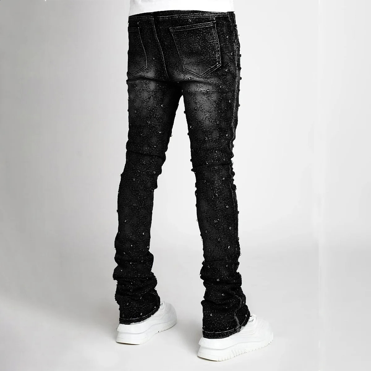 Blue Stretchy Pearls Skinny Jeans For Men Fashion Rhinestone European Street Personality Stacked Denim Pants 240822