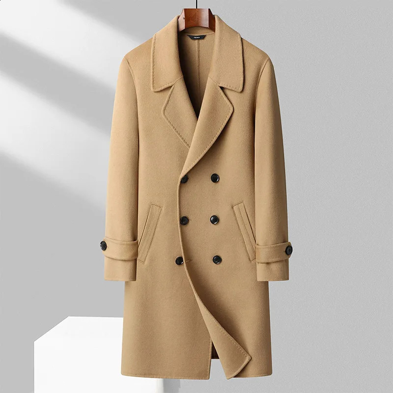 100% Wool Coat Mens Autumn Winter Business Casual Double Breasted Long Woolen Overcoat Outwear Solid Wool Windbreak Jacket 240822