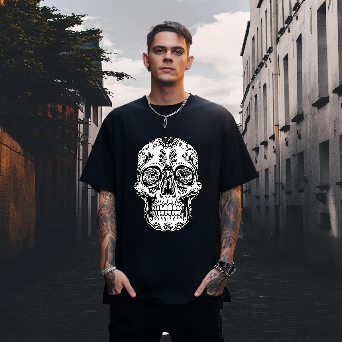 Popular T Shirts Men 100% Cotton 230g skull Hip Hop Street DIY Printed Breathable Tshirt for Man Woman Brand Tops Tees