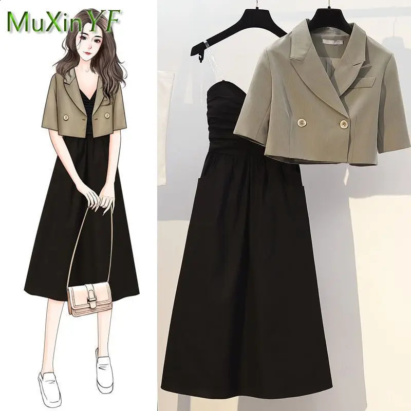 Summer Fashion Short Small Blazer Sling Dress Two Piece Suit Women Korean Elegant Short Sleeve Casual Suit Midi Skirt Set 240823