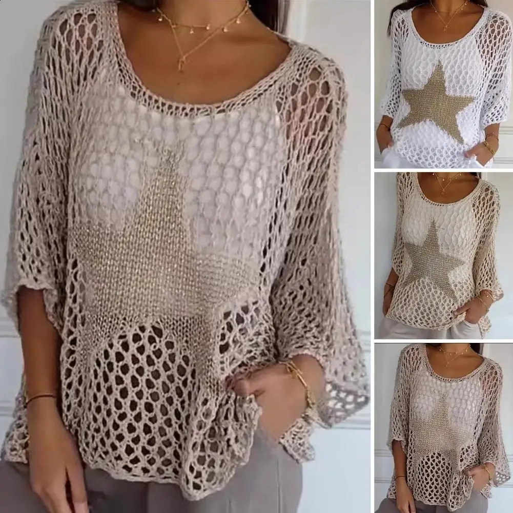 Crochet fishnet shirt fashionable womens crochet top Oneck knitted Vneck sweater summer to attract fashion 240822