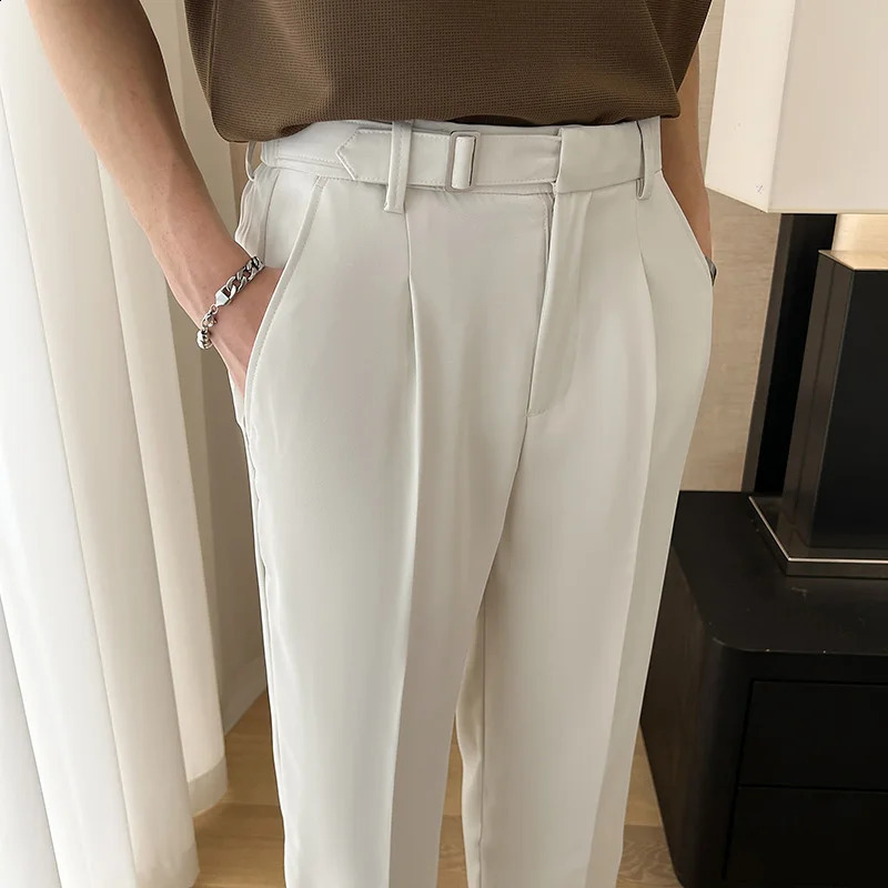 Men Korean Fashion Commuting Daily Loose Casual Vintage Classical Belt Wide Leg Suit Pants Streetwear Show Trousers 240822