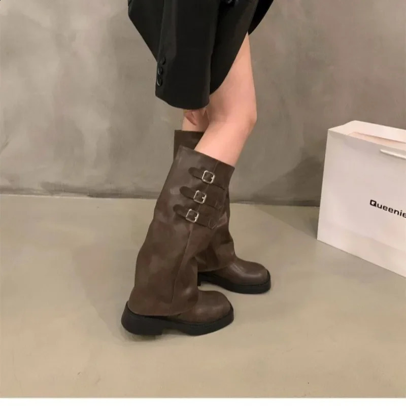 2024 Winter Womens Denim Boots Fashion Belt Buckle Long Boots Womens Elegant Square High Heels Womens Knight Boots 240823