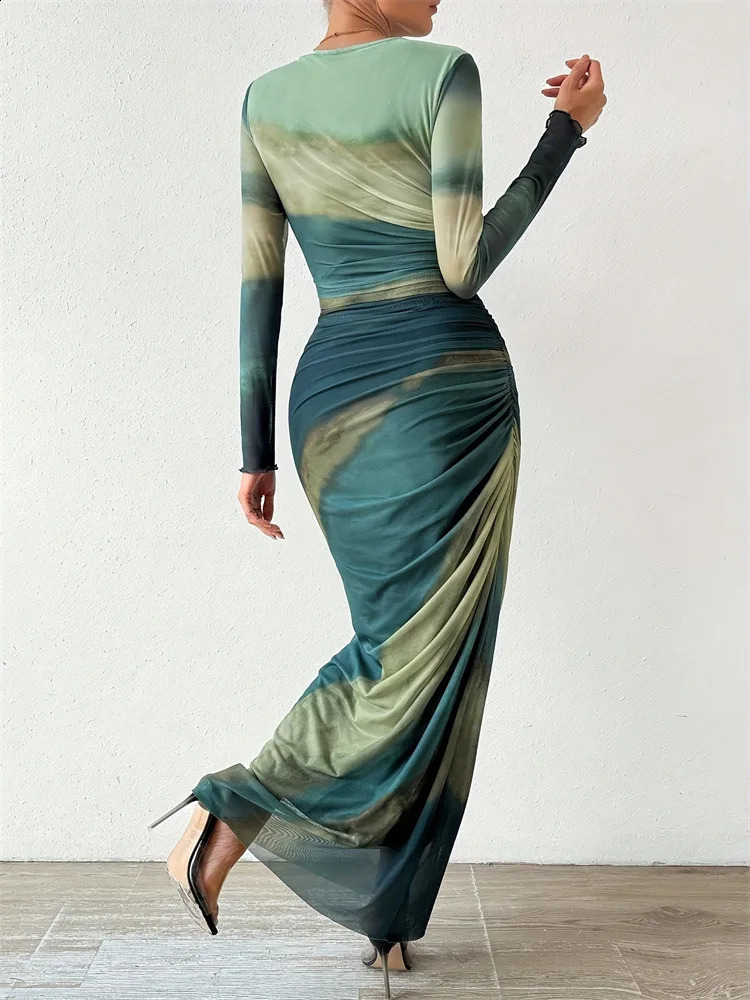 LnstLike Mesh Folding Sexy Tie Dye Womens Long Skirt Perspective Bodycon Round Neck Long Sleeve Summer Party Temperament Dress 240823