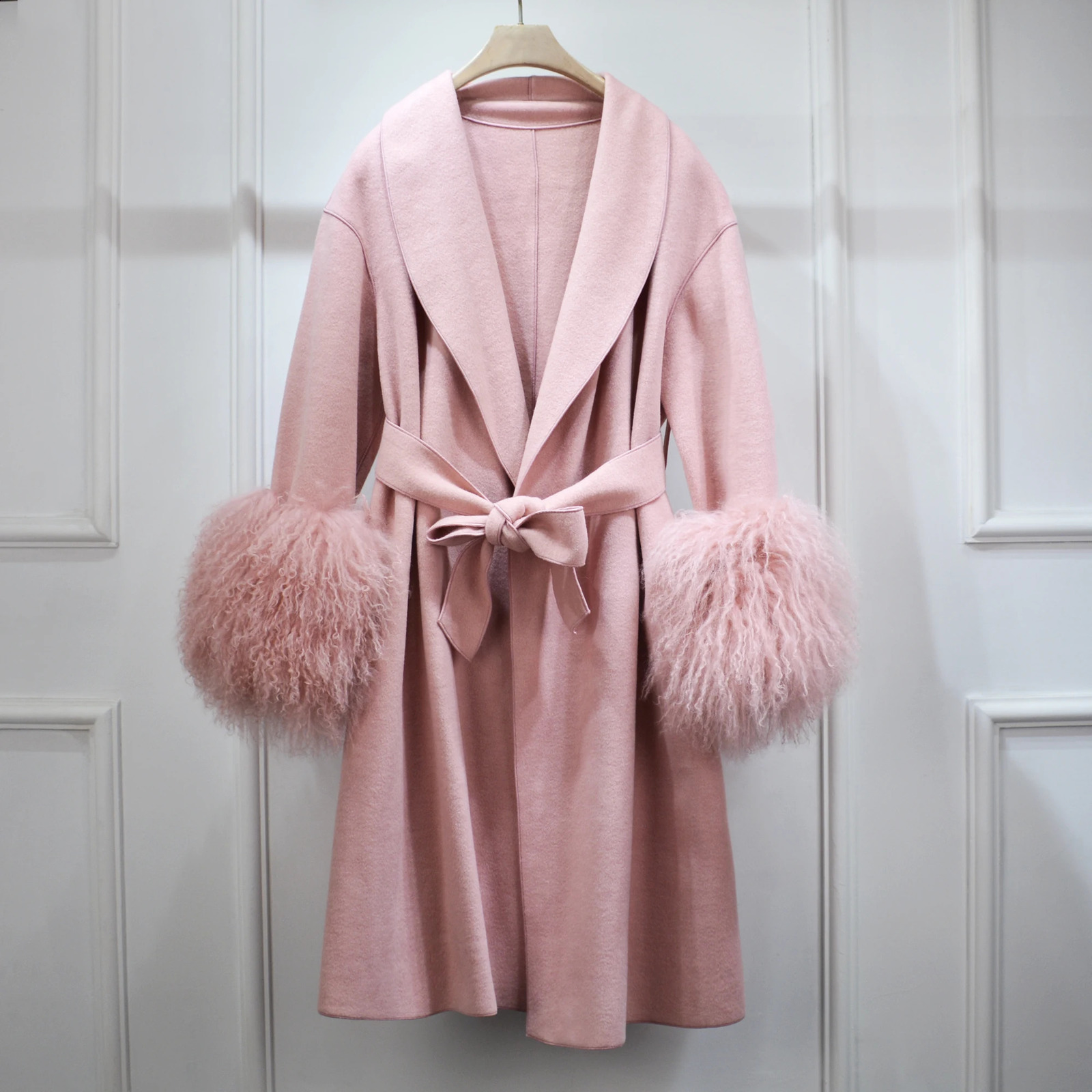 Highend Fluffy Mongolian Fur Cuffs ing Double-Sided Cashmere Jacket Women Suit Collar Sashes Long Wool Trench Coat 240822
