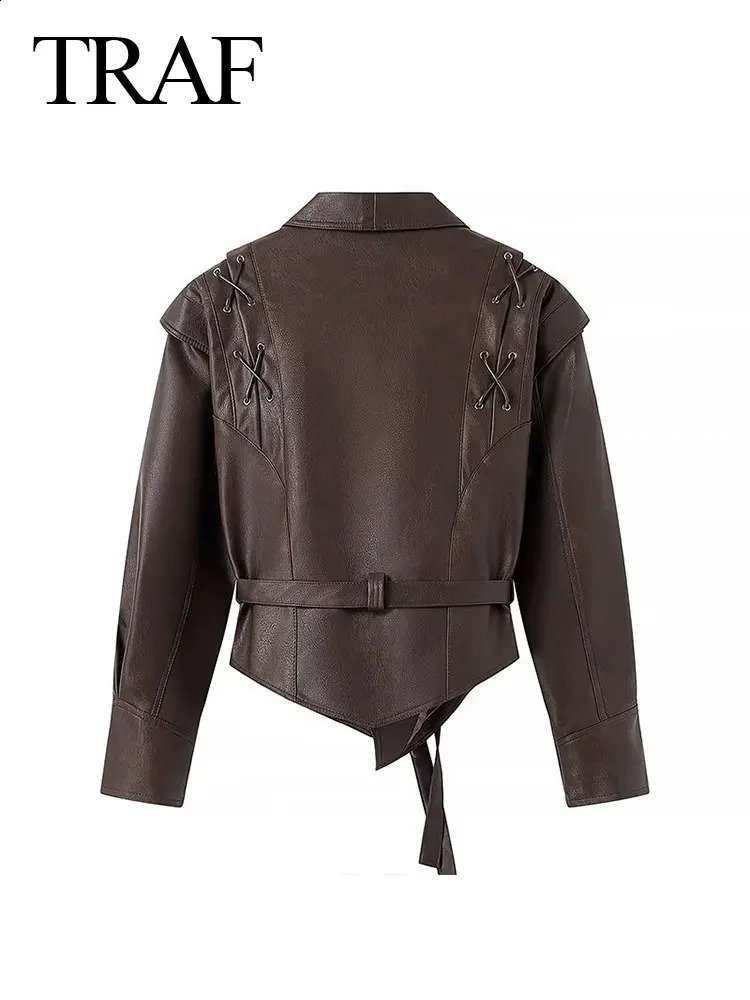 TRAF Female Street Leather Jacket Spring Womens Versatile Brown Long Sleeves V-neck Single Breasted Lace-up Causal Coats 240823