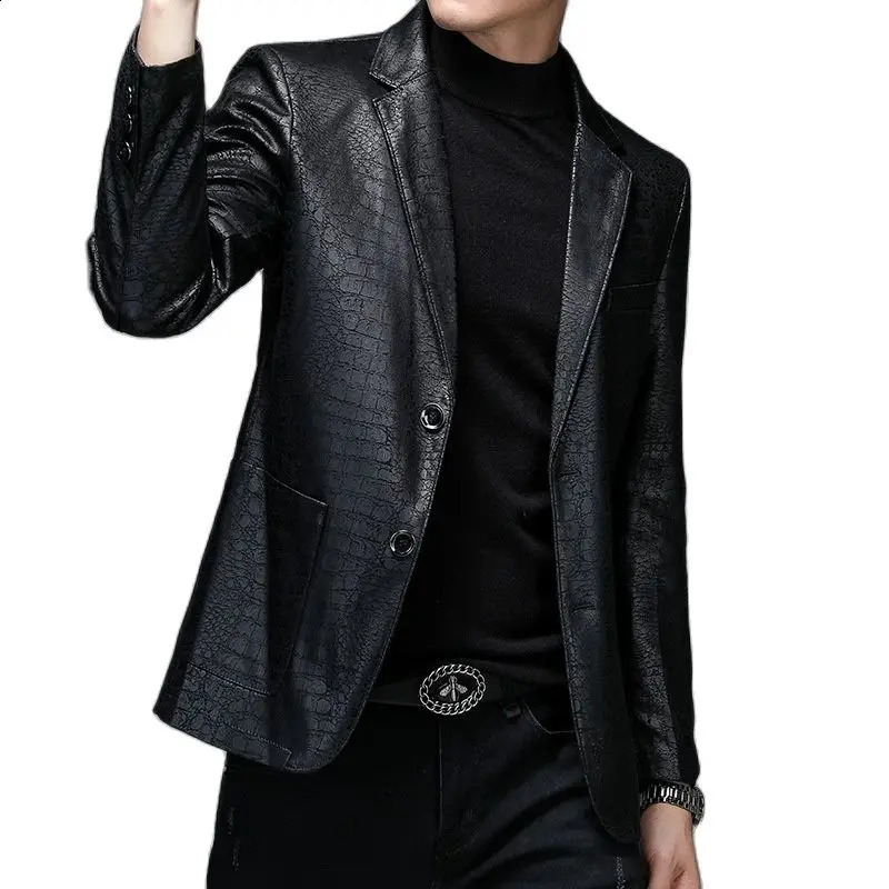 Mens Spring Autumn Vintage Soft Faux Leather Jackets Male Classic Slim Fit Pattern Suit Black Blazers Coats 240822