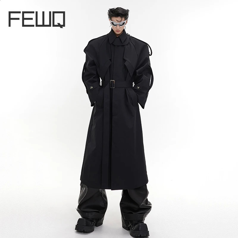 FEWQ Mens Long Overcoat Shoulder Pad Windbreaker Streetwear Safari Style Knee Length Coat Fashion Male Clothing 9C1708 240822