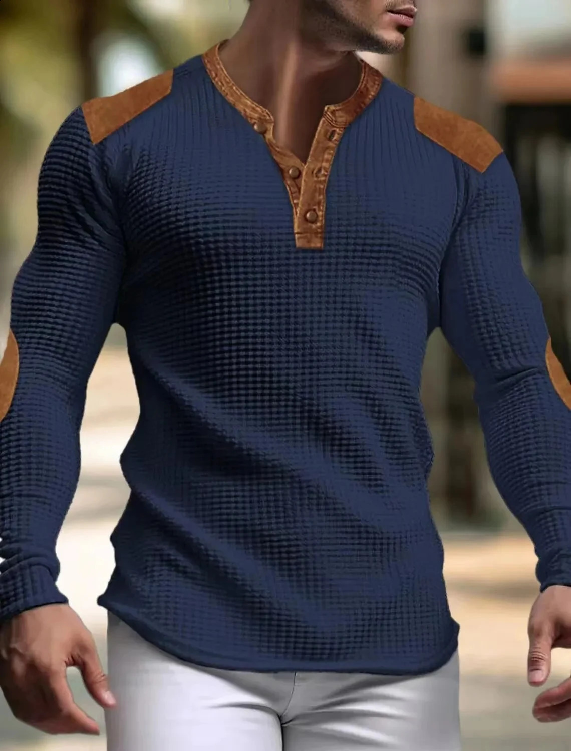 Breathable mens casual spring and autumn Vneck mesh solid color slim suitable for long sleep top with trend button 240822