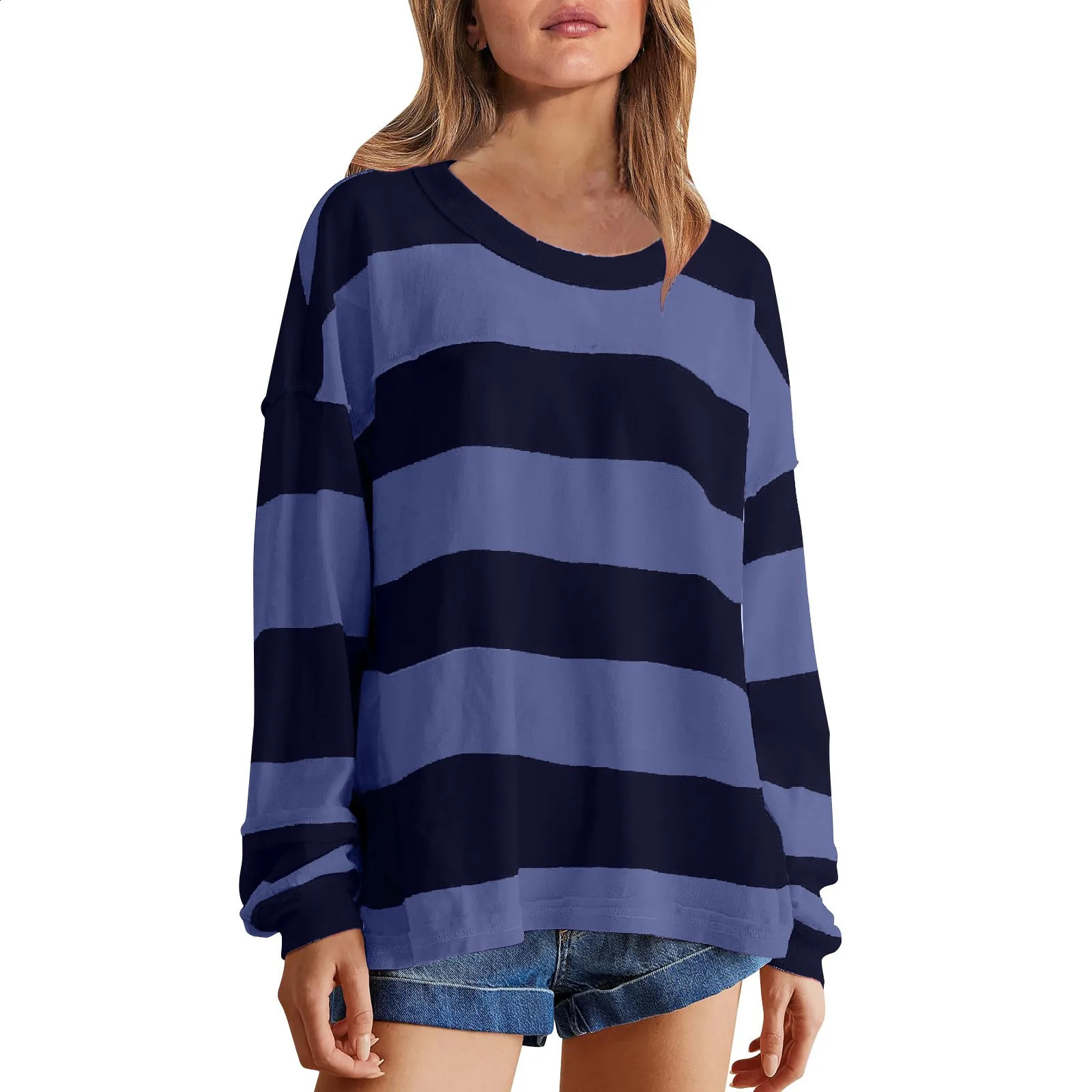 Y2k style striped printed womens shirt oversized long sleeved streetwear staff collar zipper top blue Para Mujer 240822