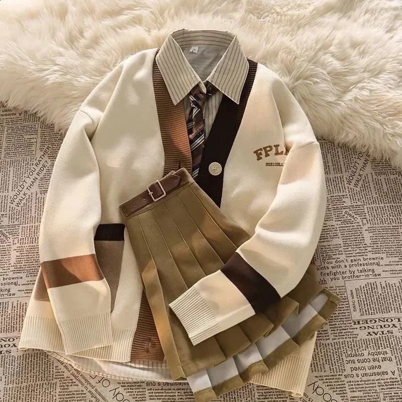 Womens Sets College Style Striped Shirts Knitted Coat Pleated Skirts Fashion Ladies Sweet Three Piece Womens Clothing 240823