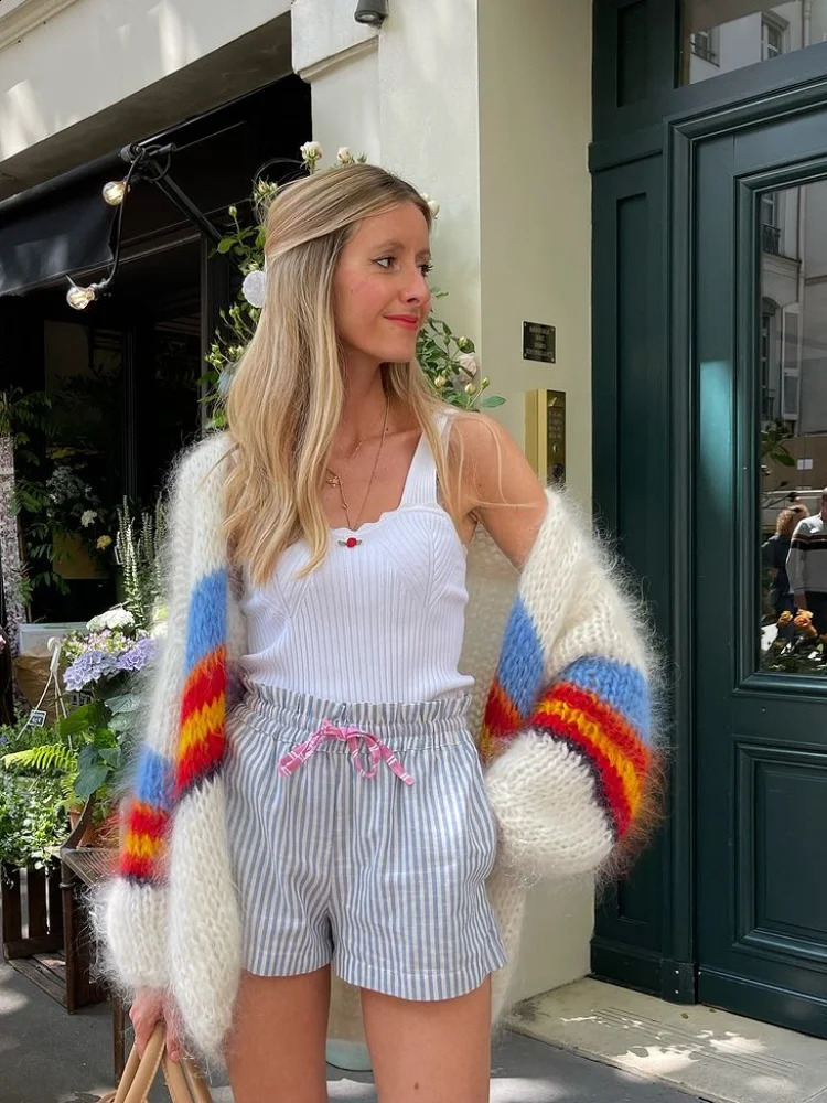 Women Fashion Striped Knitted Cardigan Loose Colorful Lantern Long Sleeved Sweater Tops 2024 High Street Female Outerwear 240814
