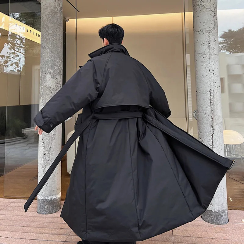 NOYMEI Oversize Silhouette Thickened Double Row Subblack Long Cotton Coat Black Belt Korean Trendy Trench Men Winter WA3310 240822