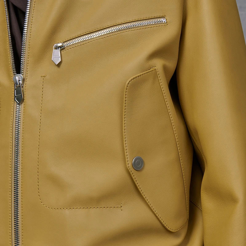 Mens Sheepskin Jacket - High-Quality Custom Yellow Genuine Leather Coat Fashionable and Handsome English Style 240822