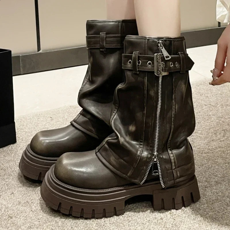 Wrinkled womens platform ankle Chelsea boots 2024 winter mid boots zipper motorcycle boots short and chubby Gothic snow pump Bottas 240823