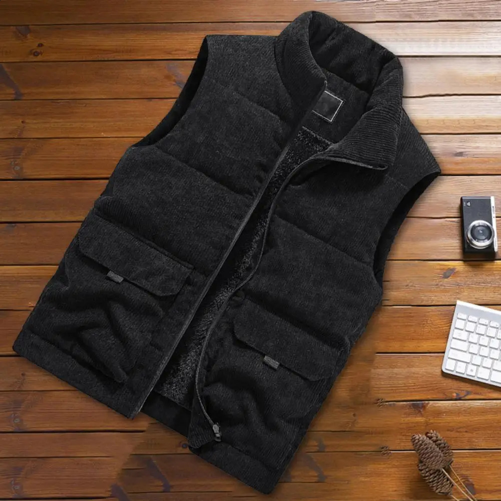 2024 Vest Jacket Mens Autumn Winter Warm Sleeveless Coat Stand Collar Padded Waistcoat Corduroy Work Wear Male Clothes 5XL y240822