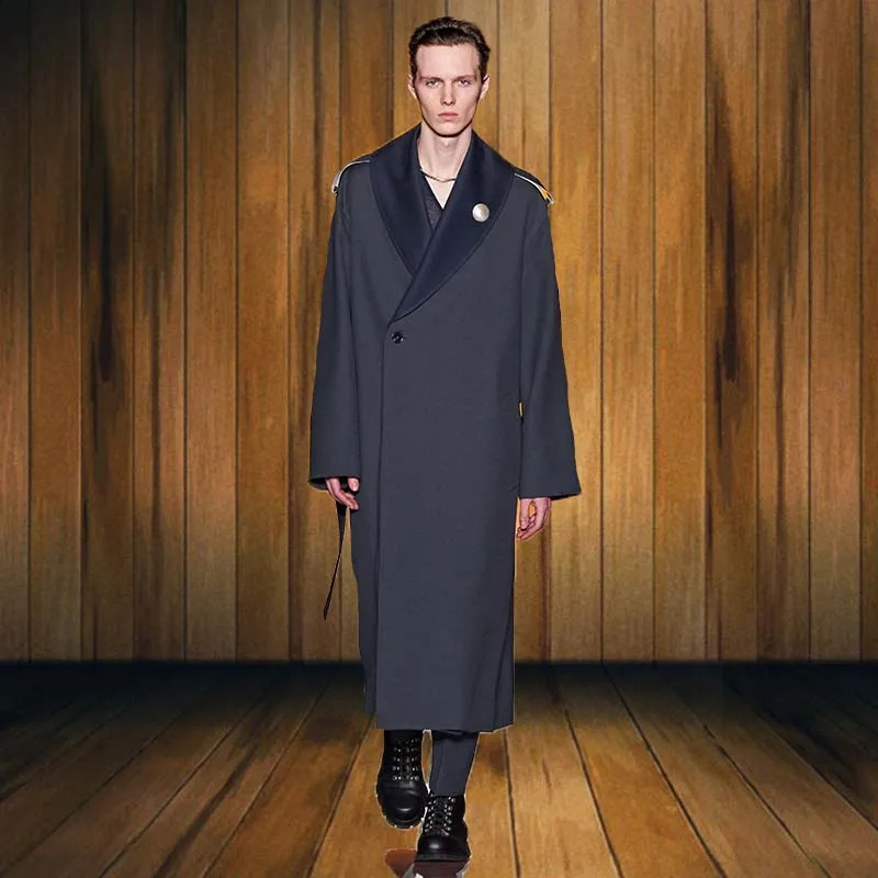 Mens Over Knee Loose Long Windbreaker Mens Lapel Trend Large Spring And Autumn Fashion Solid Color Japanese Retro Youth Coat 240822