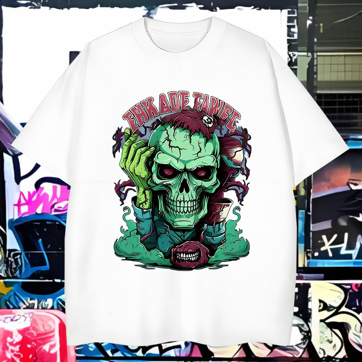 Cool T Shirt For Man 230g Pure Cotton skull Casual Anime Breathable Crew Neck Men Clothes T-Shirt DIY Customized Wear