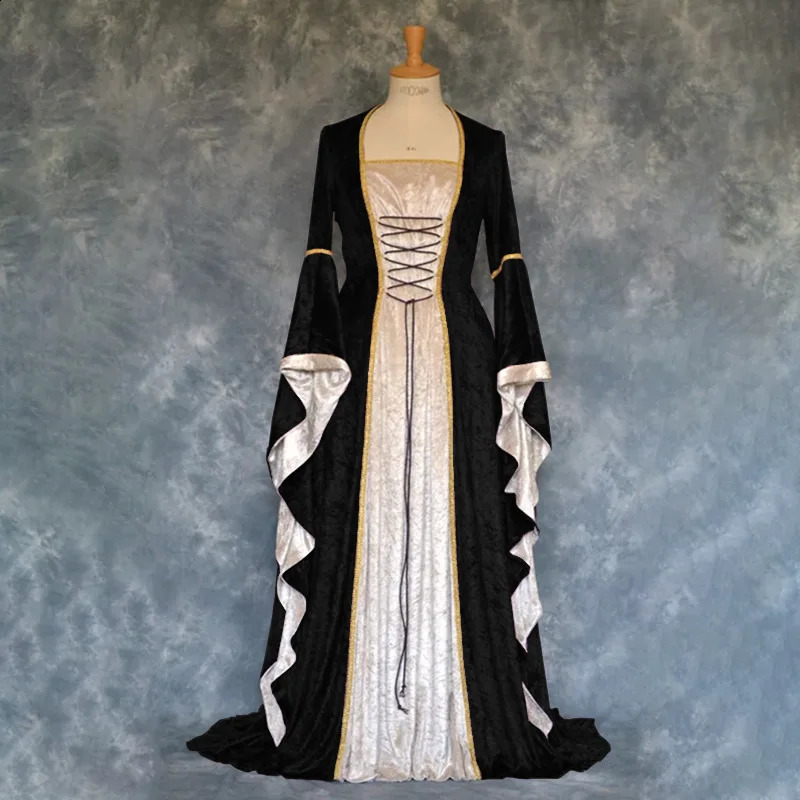 Cross border Halloween COS Europe and the United States Gold Velvet Belted Bell Sleeves Retro Mid length Dress 240823