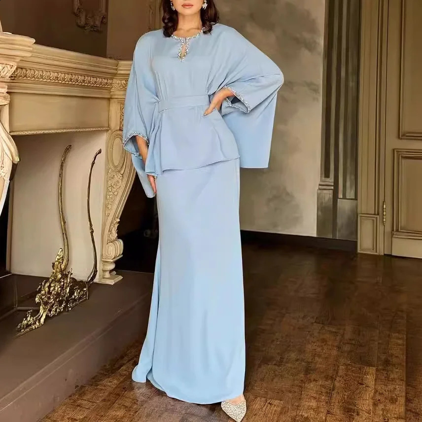 Skirt Set Women Two Piece Sets Round Neck Full Bat Sleeve Sexy Dress Sets Tops Tight Waist Long Skirts Elegant Splice Summer 240823