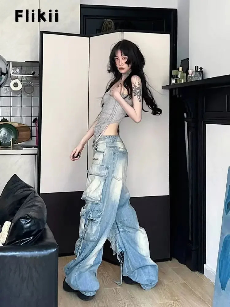 sweet Y2K Baggy 2000s Pockets Denim Trouser Women Vintage Casual Washed Pants Female Retro Waist High Street Trashy Jean Z260313