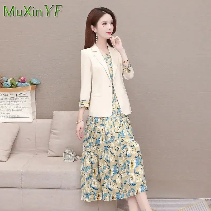 Womens Suspenders Floral Dress Suit Jacket Fall Elegant Blazers Skirt Two-piece Korean Fashion Vintage Clothing Set 240823