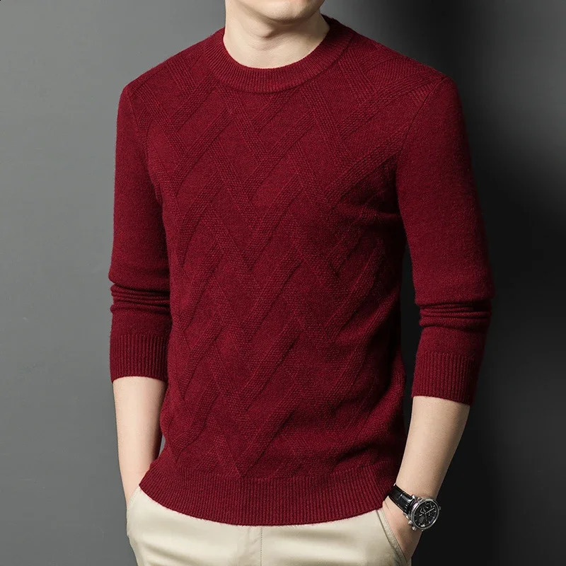 Autumn and Winter Thick Sweater Full Wool Round Neck Solid Color Long Sleeve Warm Mens Outdoor Top 240822