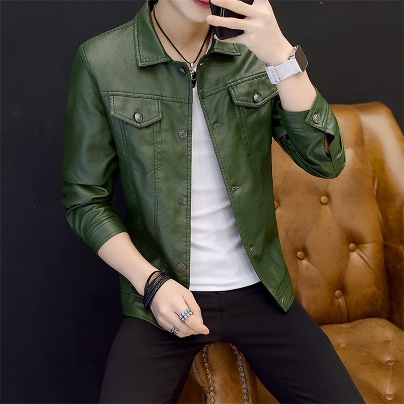 Mens Fashion Youth Lapel Faux Leather Jacket Korean Casual Slim Locomotive PU Leather Coat Man Shirts Jacket Male Clothing 240822