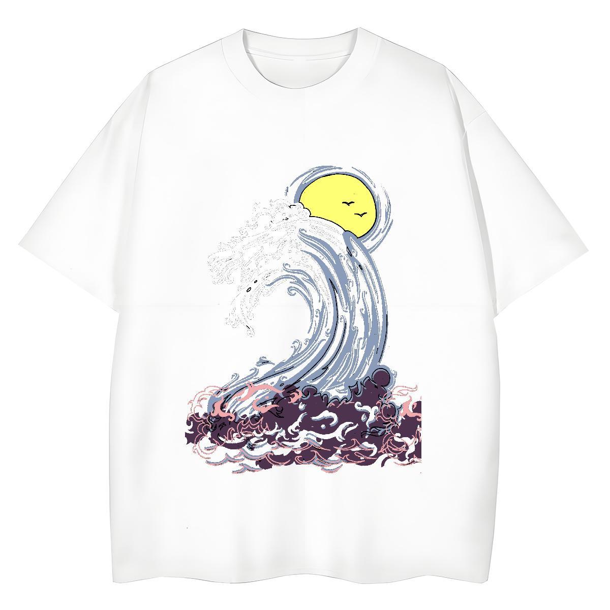 Unisex Womens Tshirts 230g Pure Cotton sea wave Street Casual T-Shirts Comfortable Cartoon Floral Printing Tees
