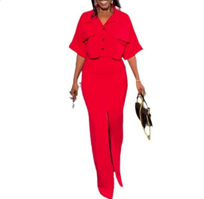 Fresh Style Two Piece Set for Women Summer Medium Length Skirt Buttons Lapel Short Shirt Top Split Hip Skirt Suit Skirt Set 240823