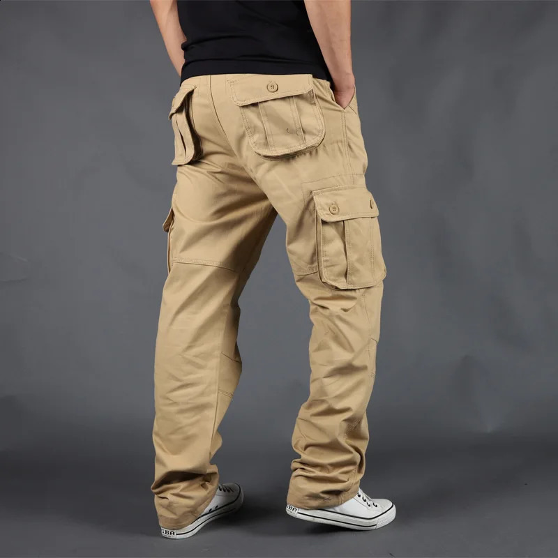 Autumn Winter Mens Pants Outdoor Multi-Pocket Cargo Pants for Men Cotton Plus Size Sports Casual Trousers Khaki Gray Black 240822