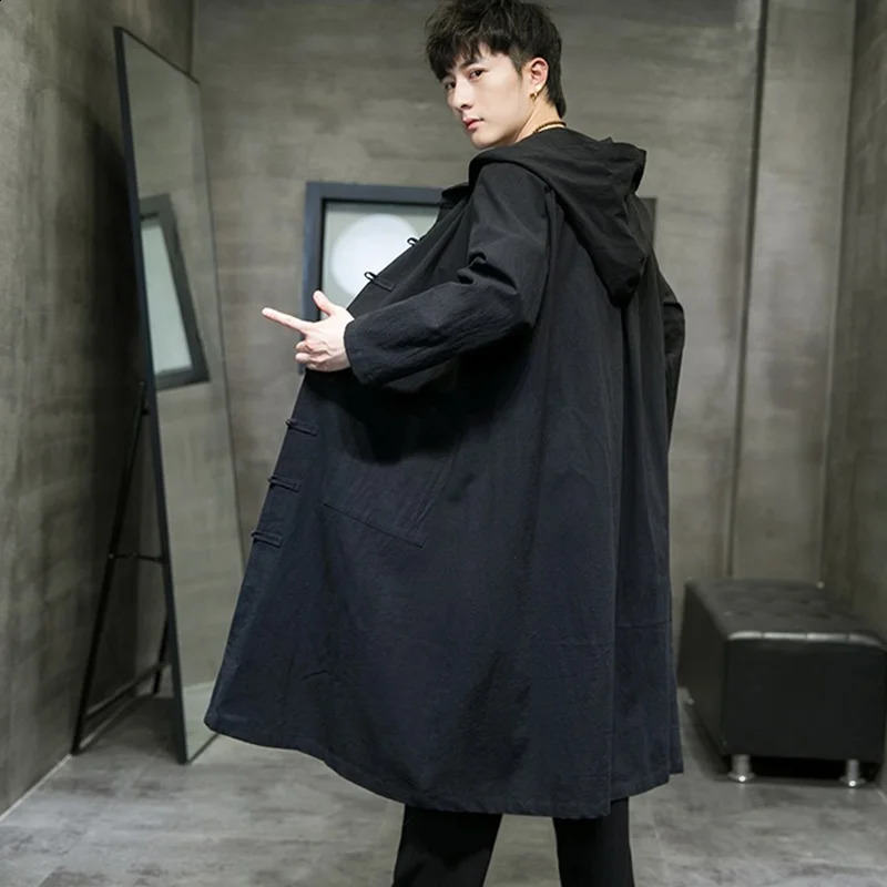 Fashion Men Hooded Sweatshirts Black Hip Hop Cotton Linen Hoodies Vintage Long Sleeve Cloak Trench Coats Outwear KK3774 240822