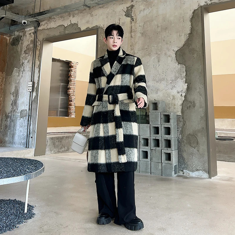 NOYMEI Woolen Coat Mens Autumn Winter Trench Thickened Korean Style High-end Checked Over Knee Windbreaker Trend WA3106 240822