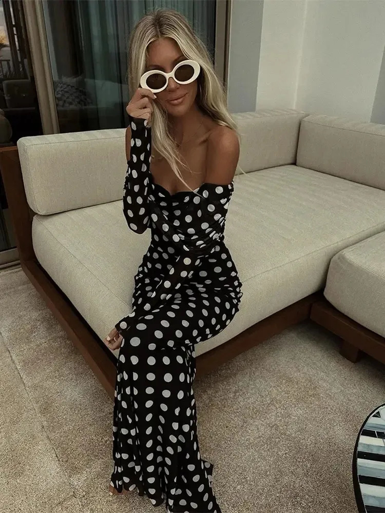Sexy Polka Dots Print Dress Off Shoulder Patchwork Maxi Dress for Women Slim Fit Long Sleeves A-line Vestidos Lady Elegant Robe 240823