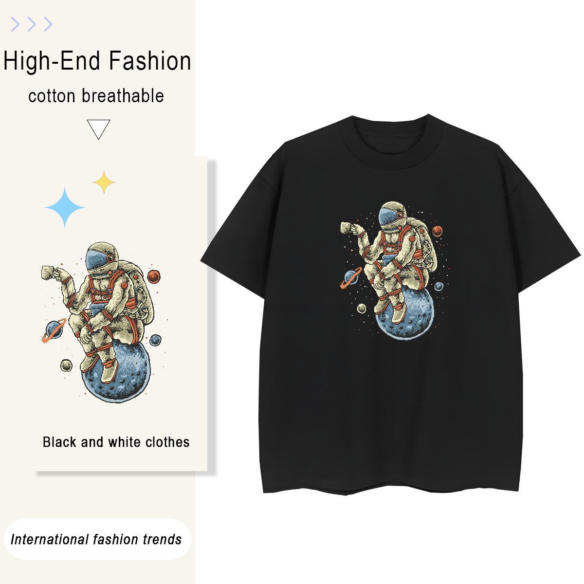Loose fit Couples T Shirts 230g Cotton cosmonaut Daily Outfit Womens T Shirts Breathable Crew Neck White Plus Size Tee Shirt