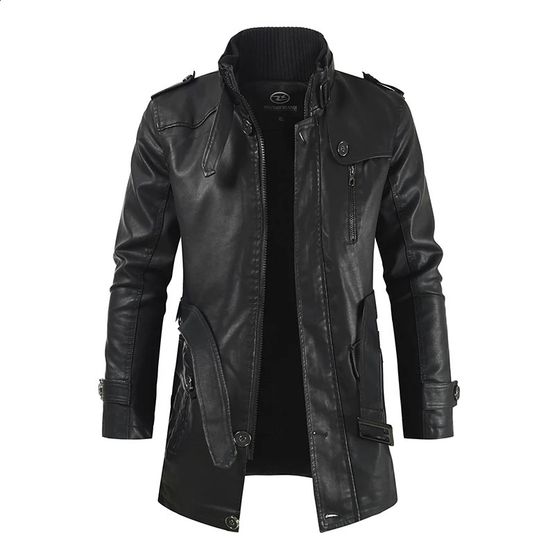 Mens Belt Warm And Windproof PU Jacket Mens Mid-Length Leather Jacket With Stand-Up Collar Plus Velvet Large Size M-4XL 240822
