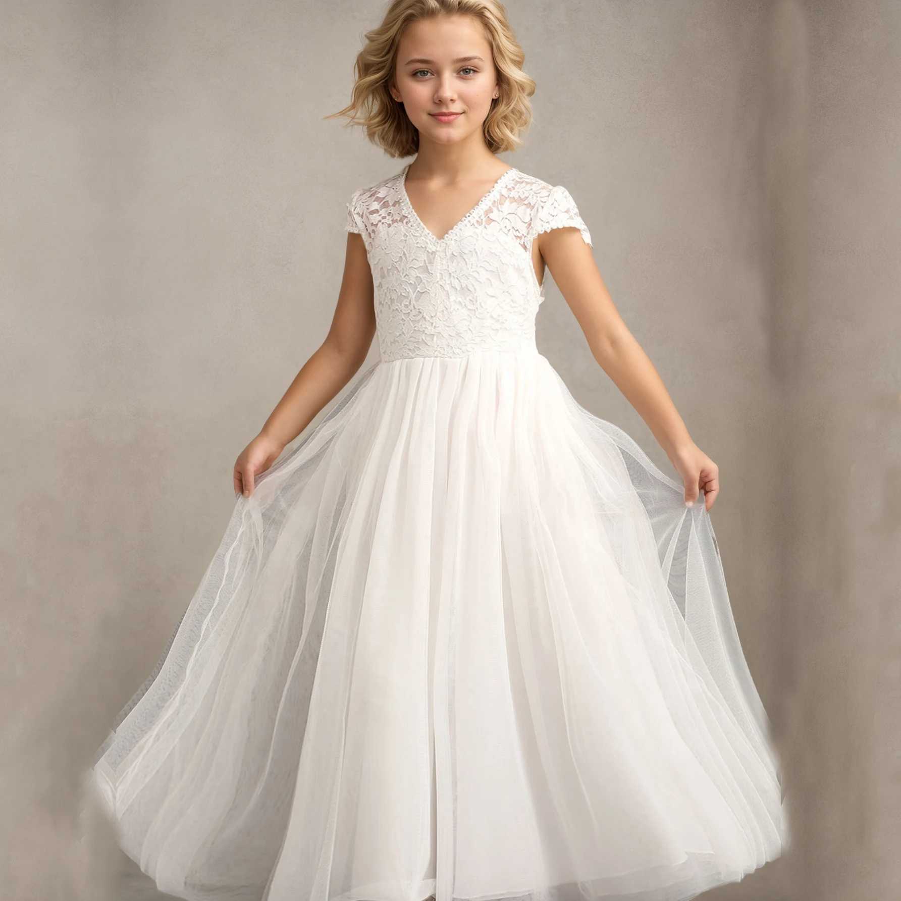 Bohemian style girl lace mesh patch V-neck backless fashionable wedding flower girl evening dress 4 6 7 8 10 14 W240823