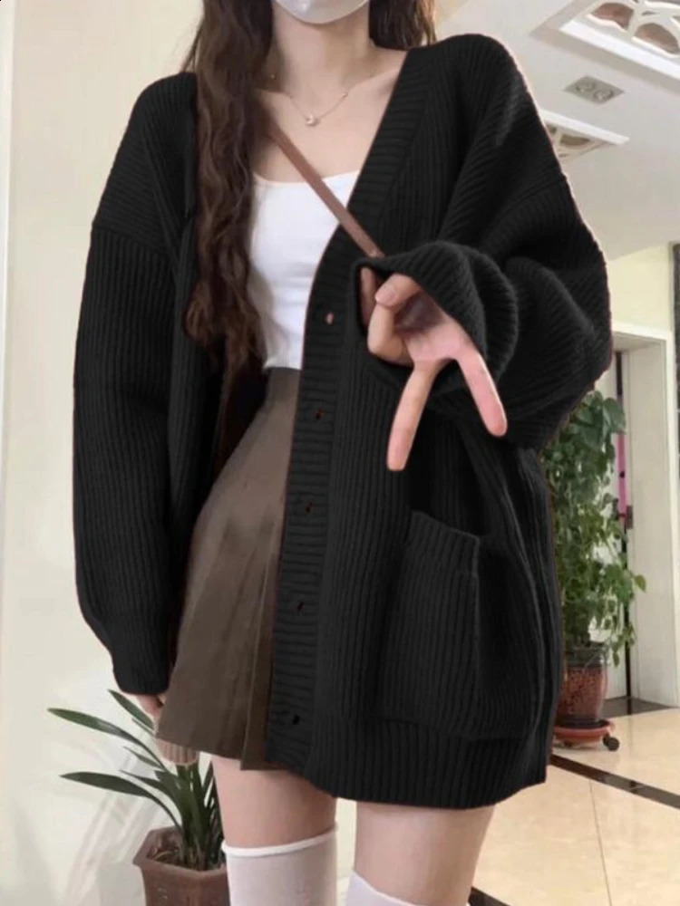 Loose Cardigan Women Long Sleeve V-neck Knitted Black Slouchy All-match Female Autumn Winter Coats Korean Style Chic Baggy Tops 260209