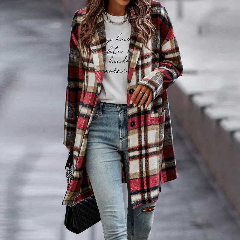 New Womens Plaid Shacket Jacket Casual Button Lapel Wool Blend Trench Coat with Pockets Long Sleeve Coat Outerwear CL240822