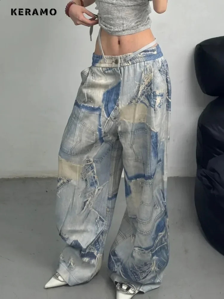 summer womens casual apron brushed jeans retro loose aesthetic wash pants Y2K elastic waist punk bag denim Trouser 240823